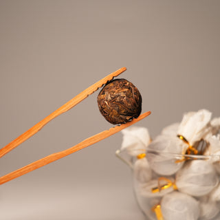 A close-up of a single, unwrapped Pu'er Dragon Ball held by bamboo tongs, showcasing its tightly compressed whole leaves, with a bowl of wrapped balls in the background.